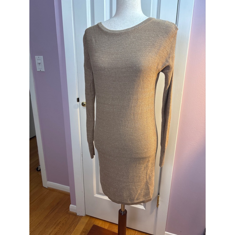 Mango MNG Suit Gold Metallic Knit Long Sleeve Bodycon Sweater Dress‎ XS